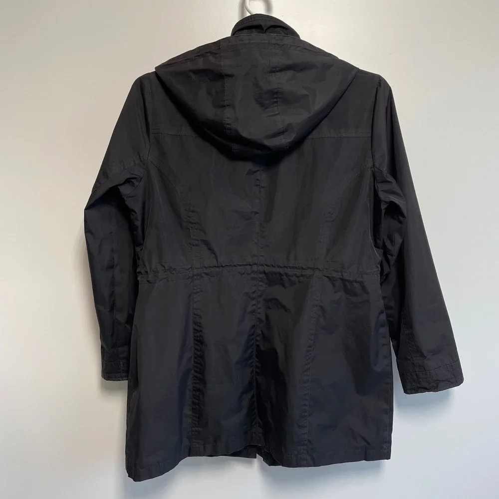London Fog Black Hooded Trench Coat Large Utility Jacket AS-IS Repair READ - Picture 2 of 11